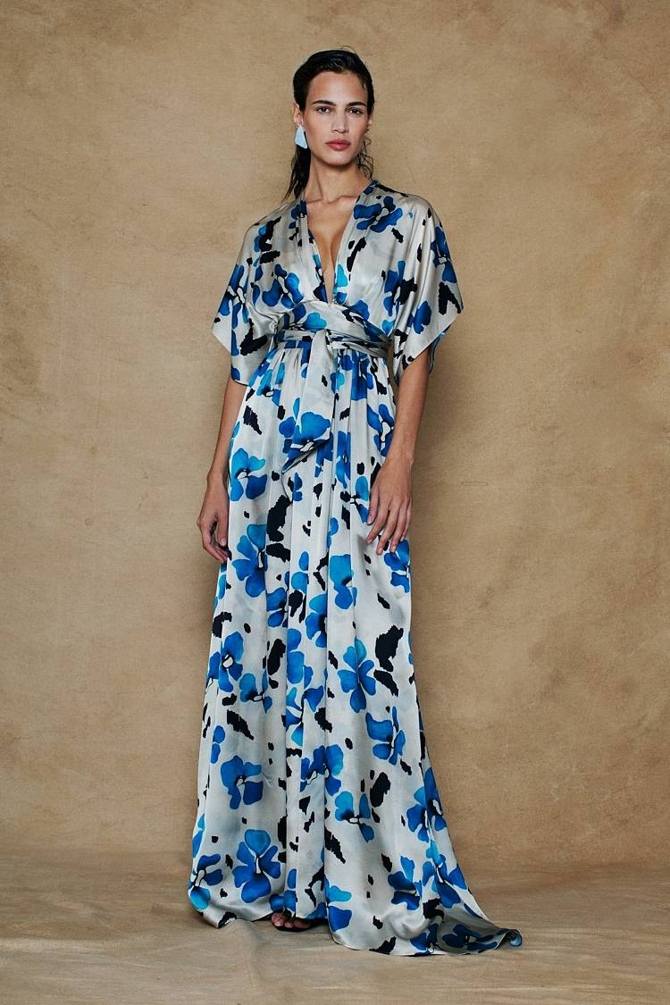 Sly 010 Langes Seidenkleid mit Blumendruck Fabrikpreis