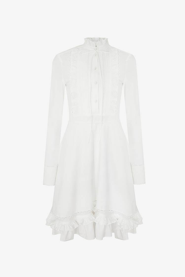 Sly 010 Kleid aus weißer Baumwoll-Popeline mit Rüschendetails