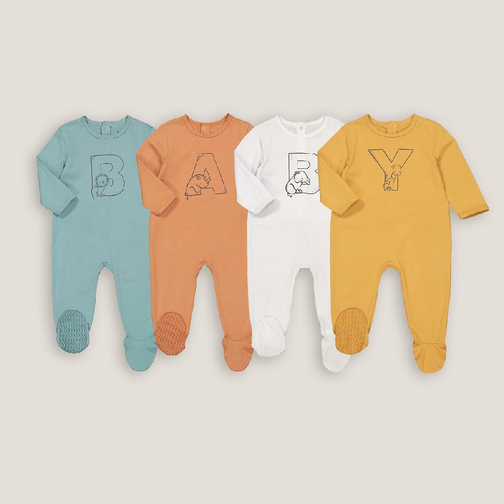 laredoute 4er-Pack Strampler mit Fuss Buchstabenmotiv blau + braun + ecru LA REDOUTE COLLECTIONS